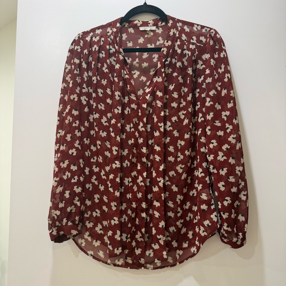 Pleione Burgundy Floral Chiffon Long Sleeve V-Neck Blouse Boho sheer